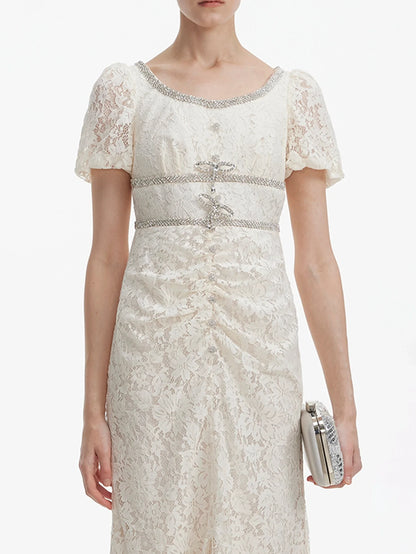 Kabarık Kollu İşlemeli Dantel Midi Elbise