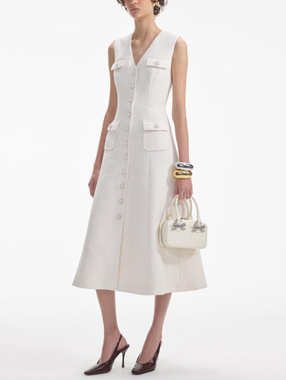 İnci Düğmeli Kolsuz V Yaka Midi Elbise