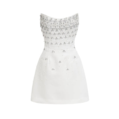 Radiance Elegance Beyaz Taş İşlemeli Straplez Mini Elbise