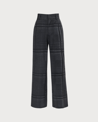 Gri Yüksek Bel Ekose Geniş Paça Pantolon