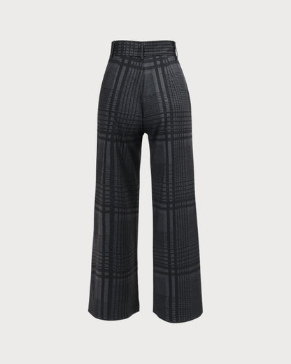 Gri Yüksek Bel Ekose Geniş Paça Pantolon