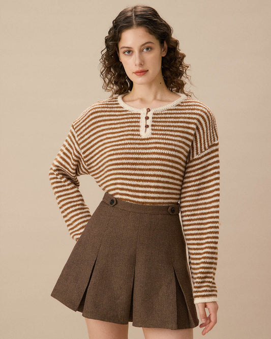 Kahverengi Çizgili Düşük Omuzlu Kazak